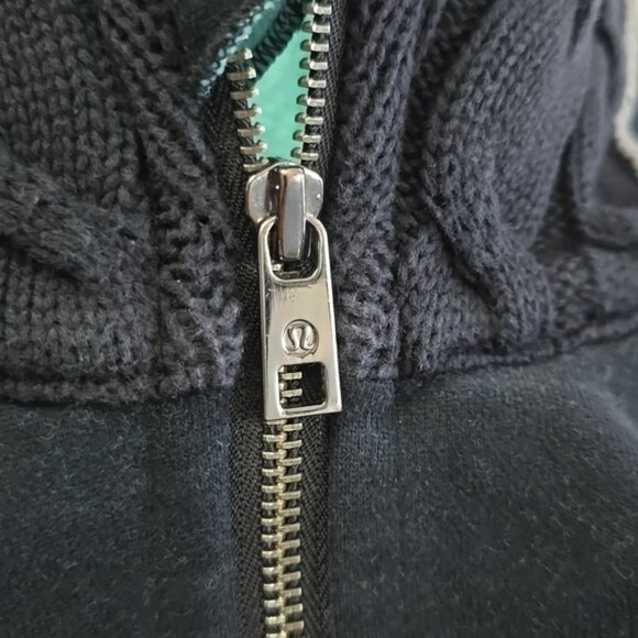 Lululemon Scuba Hoodie Black Full Zip Black Teal Cable Knit Fleece Lined Size 4 - Picture 8 of 15